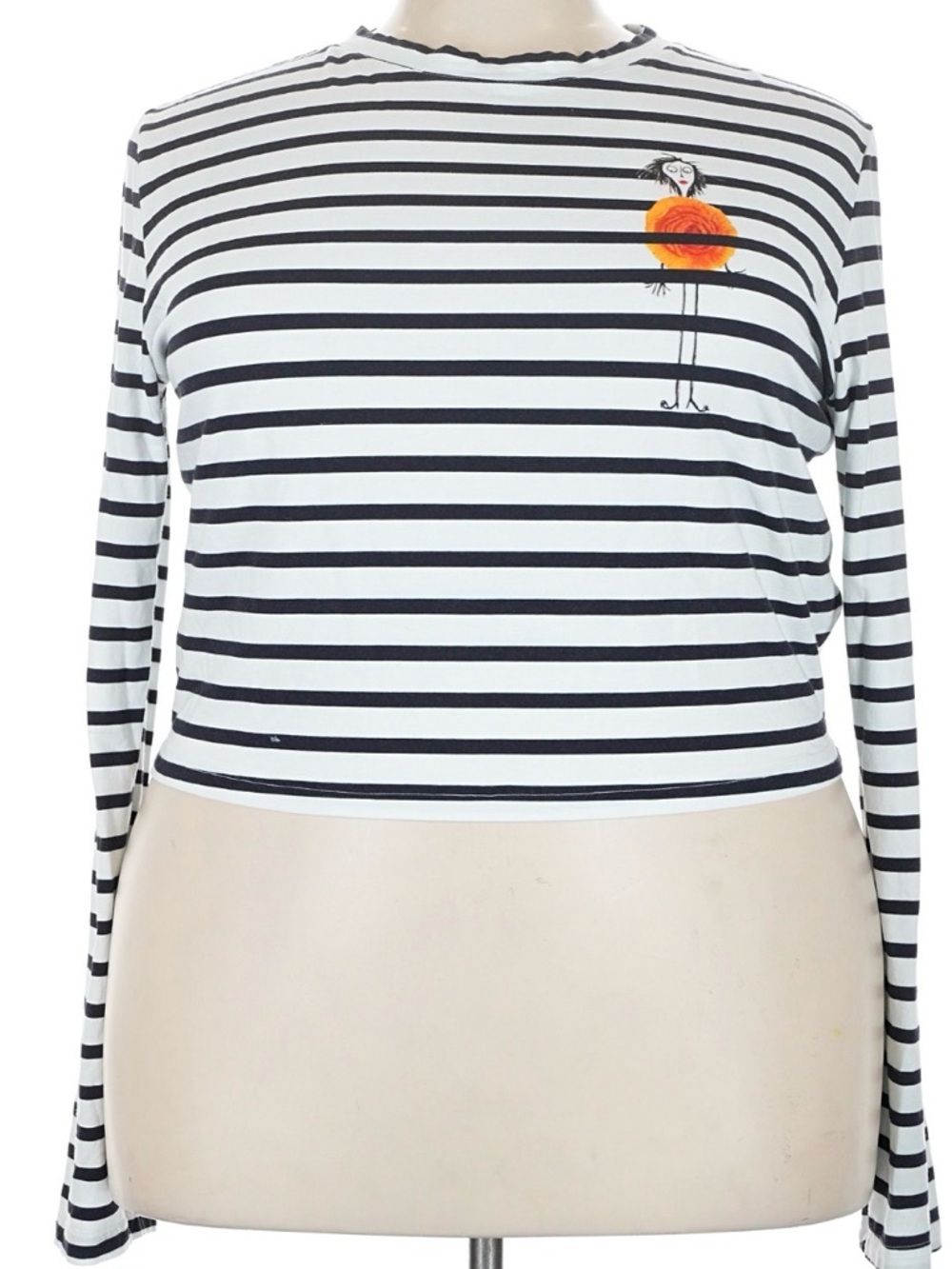 Striped Long-Sleeve Crop Tee with Orange Floral Woman Detail